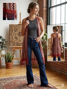 Almost Famous | Boho Multicolor Chevron Knit & Crochet Duster Vest Size Large